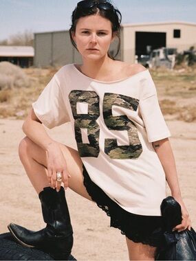Daydreamer Camo 85 Appliqué Off the Shoulder Tee